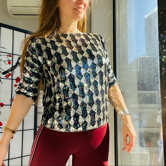 Anthropologie Anishkumar Sequin Crop Short Sleeve Chess Board Pattern Bugles Top - Picture 6 of 11